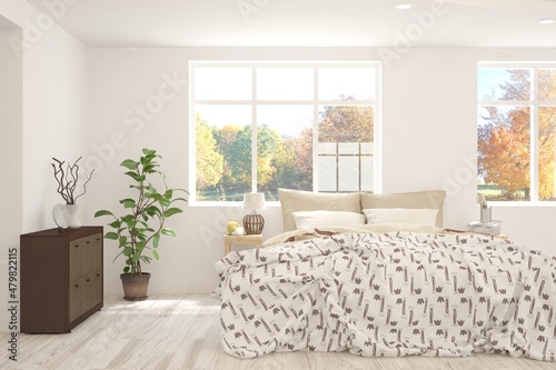 White bedroom interior. Scandinavian design. 3D illustration