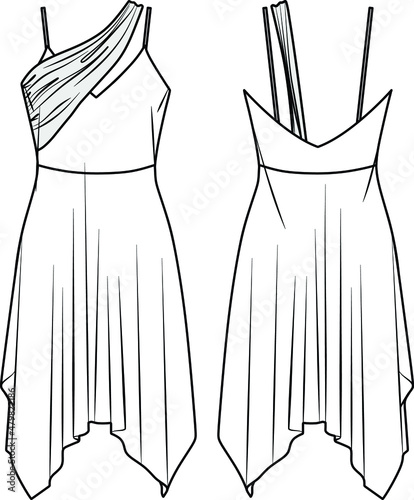 Vector mini dress fashion CAD, woman asymmetric hem dress technical drawing, slim fit with narrow shoulder straps dress template, sketch, flat. Jersey  fabric dress with front, back view, white