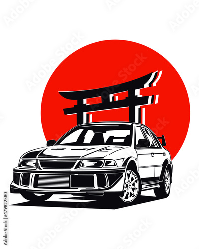 Classic vintage retro legendary Japanese sports cars with Torii Gate on Japanese flag