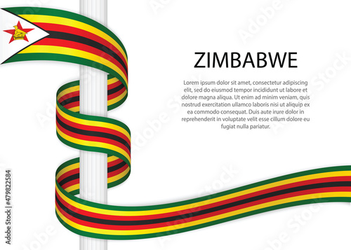 Waving ribbon on pole with flag of Zimbabwe. Template for independence day