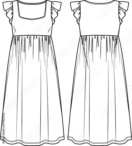 Vector square neck long dress with frills fashion CAD, short sleeved midi flared dress technical drawing, flat, sketch.  Jersey or woven fabric dress with front, back view, white color