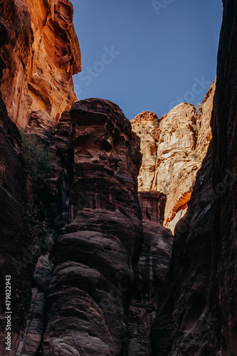 Red sandstone rocks. Canyon of the ancient city of Petra. Jordan.