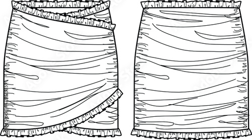 Vector mini skirt fashion CAD,
wrapped woman skirt with frill detail sketch, template, flat, technical drawing, mock up. Jersey or woven fabric skirt with front, back view, white color