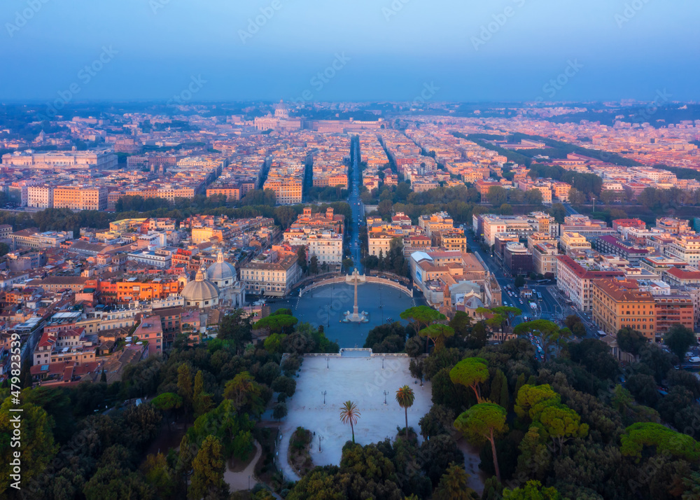 Aerial view of Piazza del Popolo at sunrise