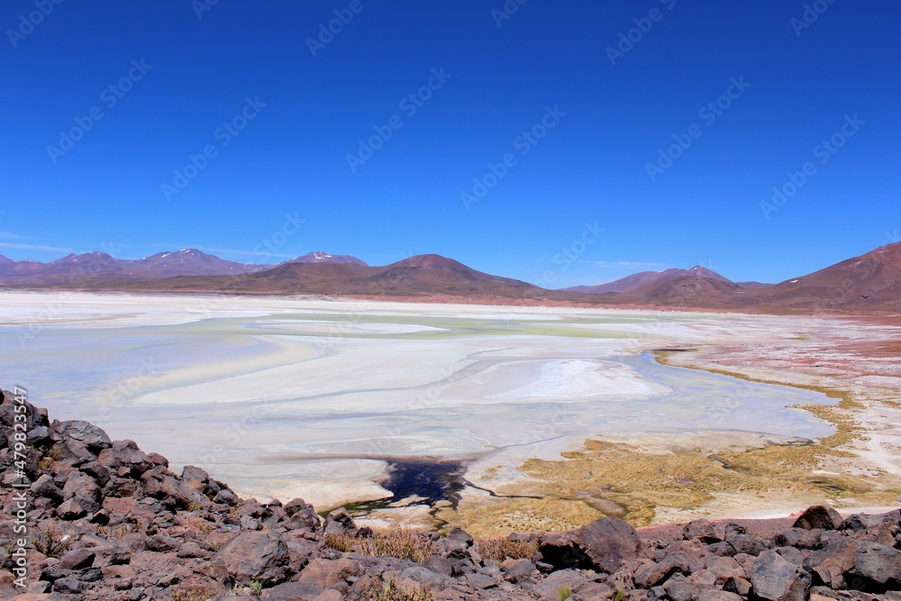Landscape view of Red Stones  Saltlakee (Piedras Rojas), Aguas Calientes Saline, Atacama, Chile.