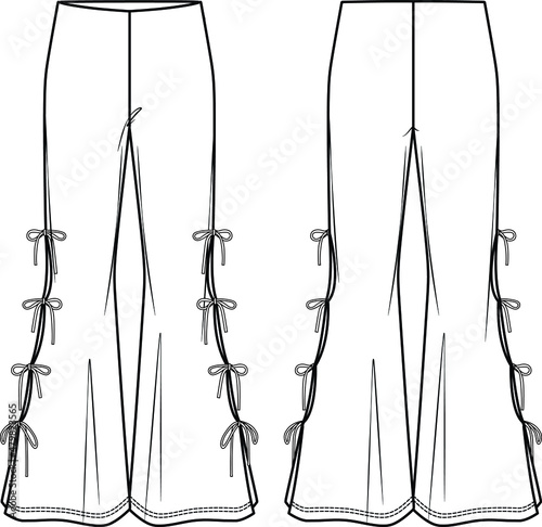 Vector flare pants for ladies fashion CAD, sketch template, woman trousers technical drawing, trendy leggings flat, mock up. Jersey or woven fabric pants, from and back view, white color