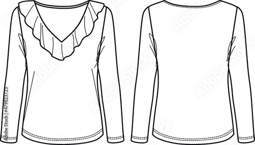 Vector long sleeved T-Shirt fashion CAD, woman V-neck winter top with volant detail technical drawing, template, sketch, flat. Jersey or woven fabric blouse with front, back view, white color