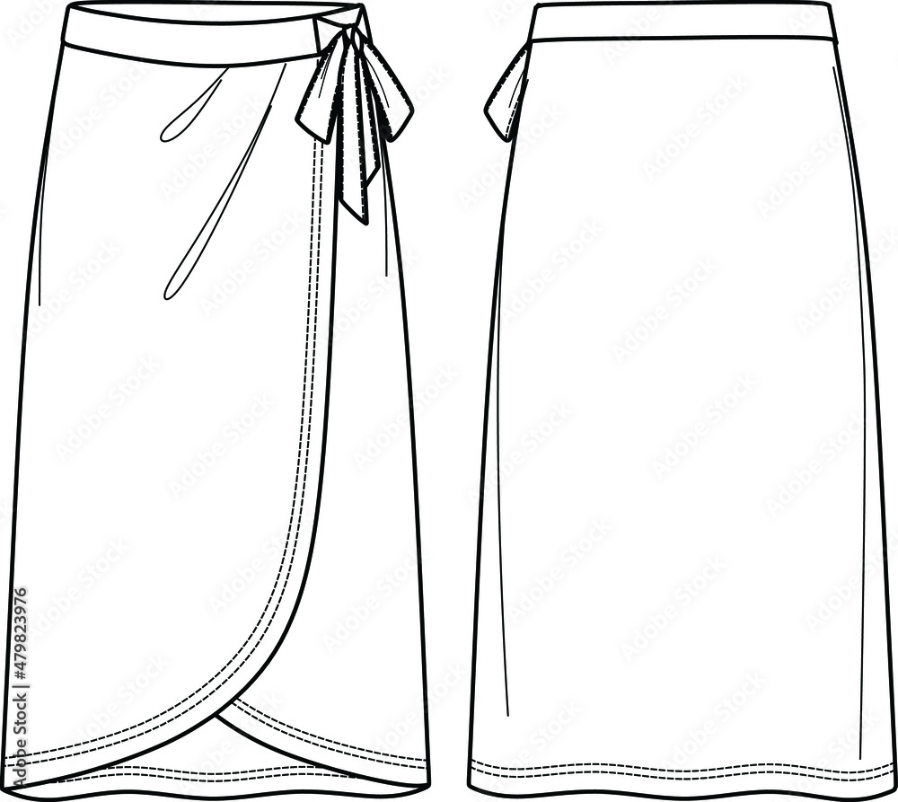 Vector wrapped skirt technical drawing, template, flat, sketch. Maxi