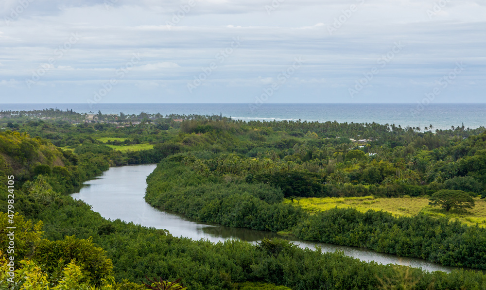 Broad landscape view of Wailua River on Kauai Island, Hawaii