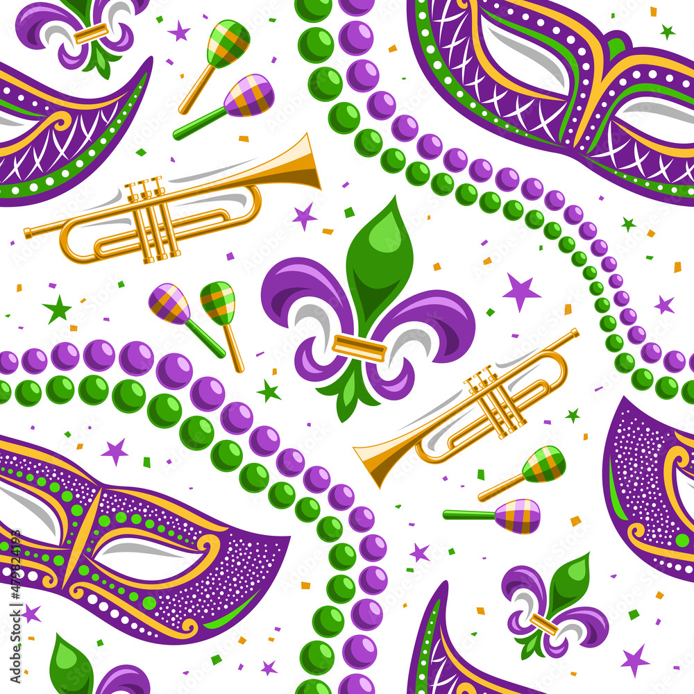 Vector Mardi Gras Seamless Pattern, square repeating background of green mardi gras beads, purple venetian masks, music instruments, cut out illustrations of mardi gras symbol for white wrapping paper - obrazy, fototapety, plakaty 
