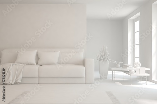 Mock up of minimalist living room in white color with sofa. Scandinavian interior design. 3D illustration