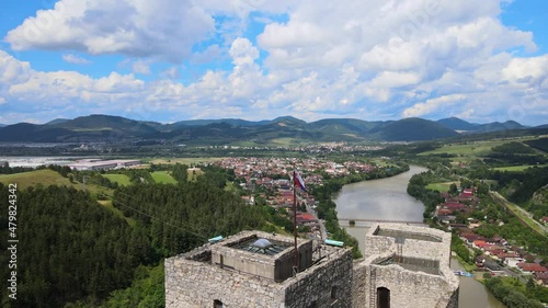 Aerial view of the castle in the village of Strecno in Slovakia photo