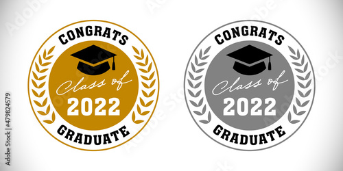 Set of educational medals. Class of 2022 off. Awards of year. 1st and 2nd place achivement stamp. Round palm wreath elements. First, second places winner. Isolated abstract graphic design template.