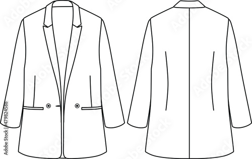 Vector long sleeved jacket fashion CAD, winter woman knitted cardigan technical drawing, woman tweed blazer template, flat, sketch. Jersey or woven fabric jacket with front, back view, white color