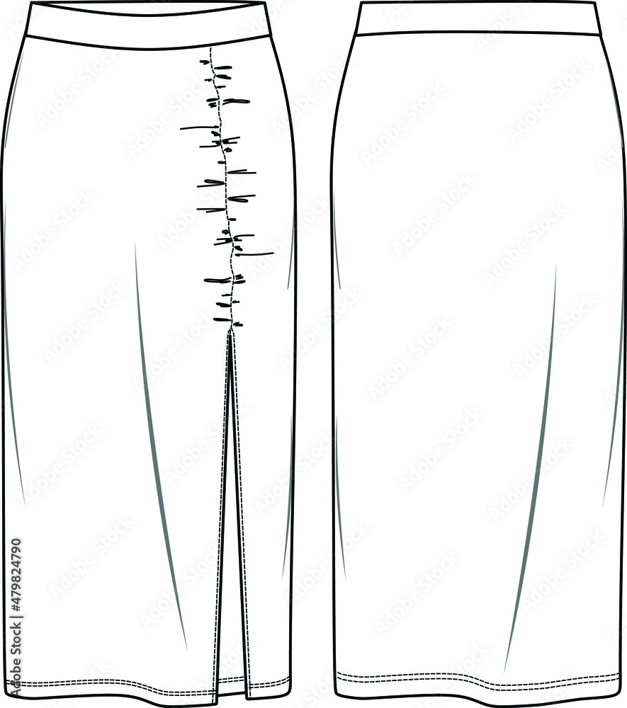 Vector midi skirt with gathering detail fashion CAD, woman jersey or