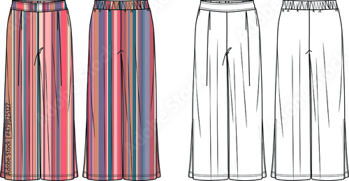 Vector comfy yoga pants technical drawing, woman wide-leg sweatpants fashion CAD, template, sketch, flat. Jersey or woven fabric trousers with front, back view, white color. Striped palazzo trousers.