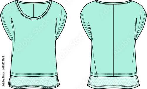Vector short sleeved blouse fashion CAD, woman jersey top with lace detail technical drawing, summer round neck t-shirt sketch, template. Jersey or woven fabric top, front, back view, white color