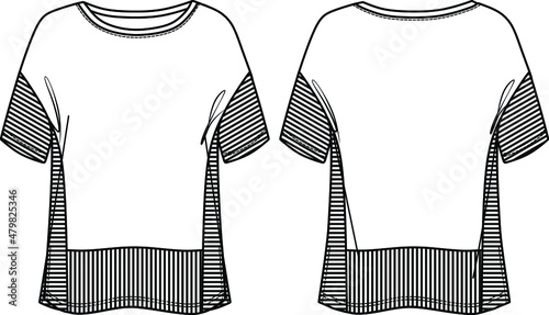 Vector short sleeved T-Shirt with striped pattern fashion CAD, woman round neck T-Shirt technical drawing, sketch, template, flat, mock-up. Jersey or woven fabric top with front,back view, white color