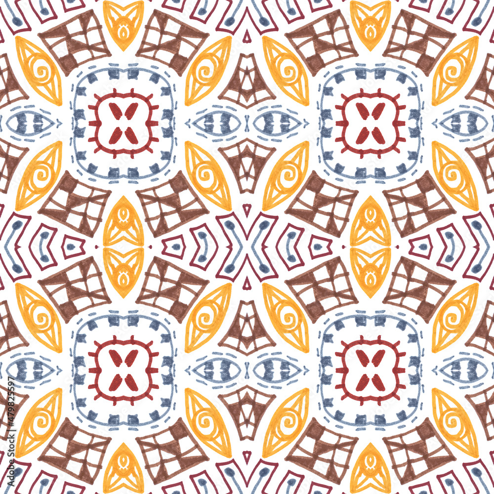 Seamless watercolor mosaic print. Geometric ethnic pattern.
