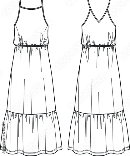 Vector flared long dress fashion CAD, woman maxi dress with shoulder straps technical drawing, frill detail dress flat, template, sketch. Jersey or woven fabric dress, front, back view, white color