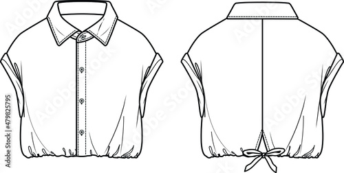 Vector drop shoulder T-Shirt with buttons fashion CAD, woman sleeveless crop shirt technical drawing, sketch, template, flat, mock-up. Jersey or woven fabric top with front, back view, white color