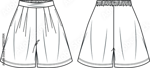 Vector mini skirt short fashion, wrapped woman skort with elasticized waistband sketch, template, flat, technical drawing. Jersey or woven fabric top with front, back view, white color photo