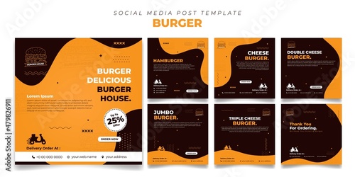Set of square social media post template with simple wave design. social media advertisement template with burger design.
