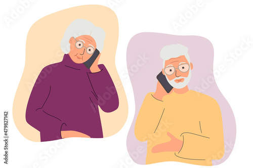 An elderly male character communicates with his elderly mother or wife on a mobile phone. Family correspondence, dialogue. Family relationships. Trendy flat vector illustration.