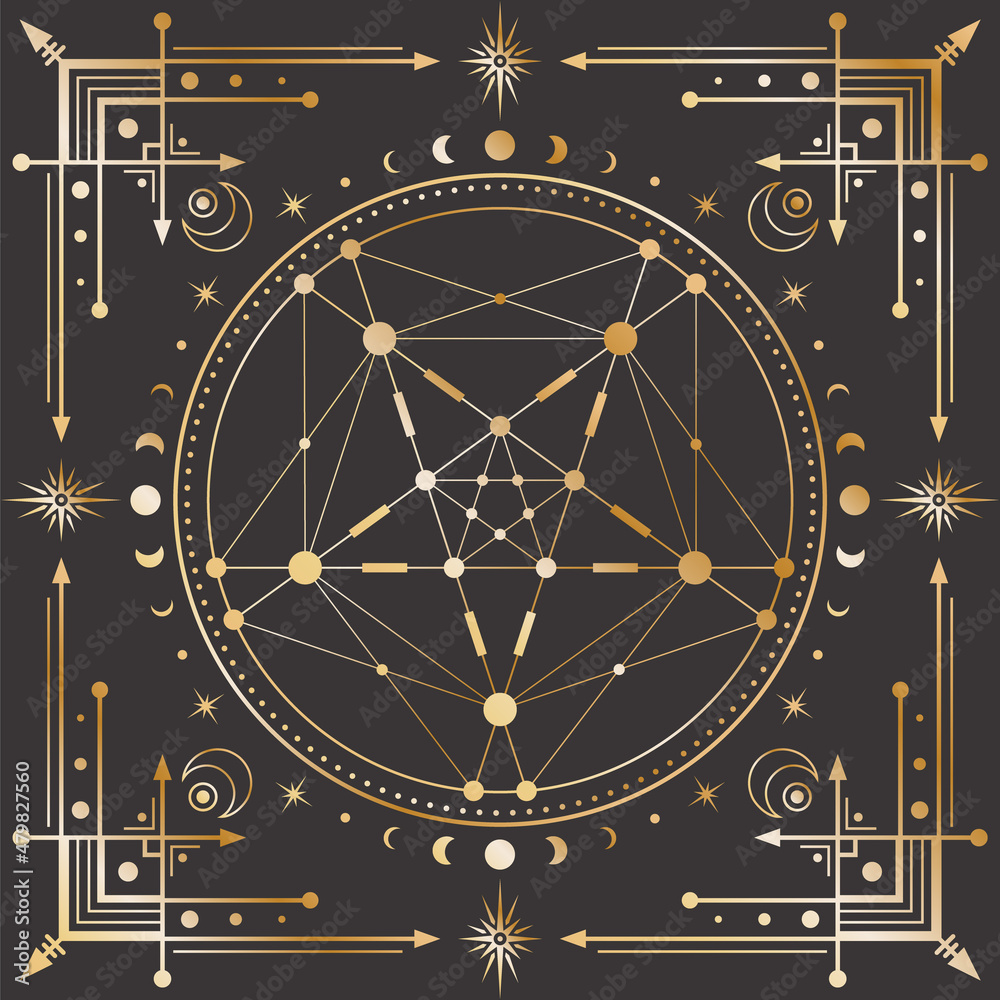 Vector golden celestial background with ornate geometric frame, magical