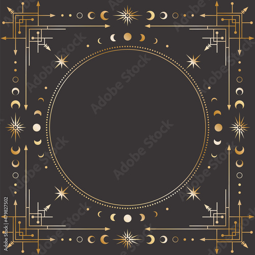 Vector mystic celestial square golden frame with stars, moon phases, crescents, arrows and copy space. Ornate shiny magical linear geometric border with a place for text