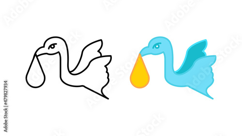 Flying stork carrying baby stroller icon special collection colorful icon set. Upload the blue striped baby vector. Design element colored flat icon and linear symbol. Editable linear icon set.