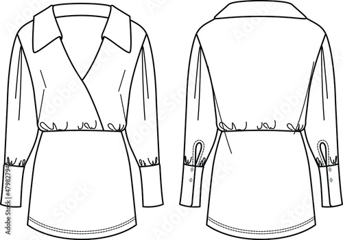 Vector mini dress technical drawing, short winter dress with waistband and collar fashion CAD, woman dress with polo neck sketch, template. Jersey or woven fabric dress with front, back view, white