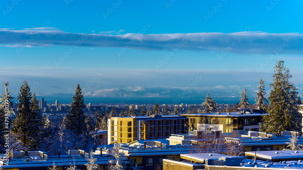 Panoramic view or high-rise buildings of Greater Vancouver, BC,  with Vancouver Island visible on horizon, as viewed from Burnaby Mountain.