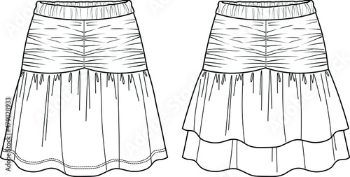 Vector mini skirt with smocked detail fashion CAD, woman skirt with frill detail sketch, template, flat, technical drawing, mock up. Jersey or woven fabric skirt with front, back view, white color