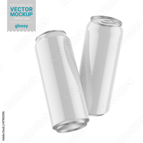 Two white glossy drink cans mockup. Vector illustration.