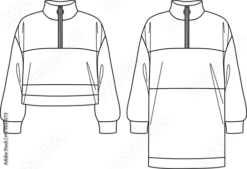 Vector woman sweatshirt fashion CAD, long sleeved hooded sweatshirt technical drawing, template, sketch, flat. Fleece or woven fabric sweatshirt with front, back view, white color