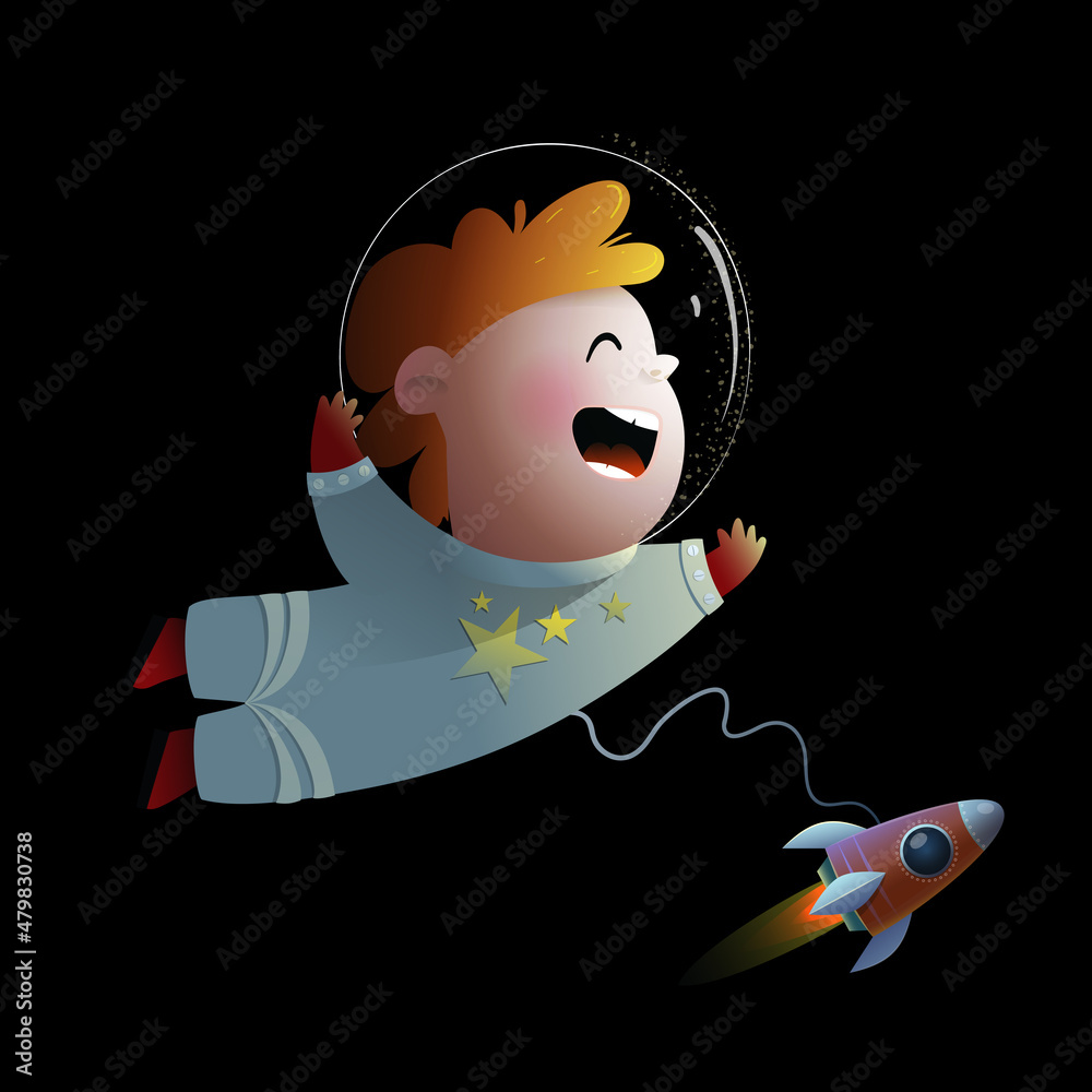 Boy Cosmonaut in outer space funny cartoon kids character. Child in outer  space with spacecraft wearing cosmonaut suit. Kids clipart isolated on  black background. Vector in watercolor style. Stock Vector | Adobe