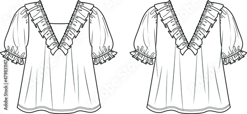 Vector flared balloon sleeved blouse fashion CAD, v-neck woman top with frills sketch, flat template, technical drawing. Jersey or woven fabric blouse with front, back view, white color 