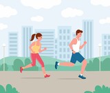 Running, jogging, exercise in the city park, flat illustration. Man and woman, couple, friends running together with cartoon trendy style. Training on the city, fresh area, outdoors. Fitness, strength