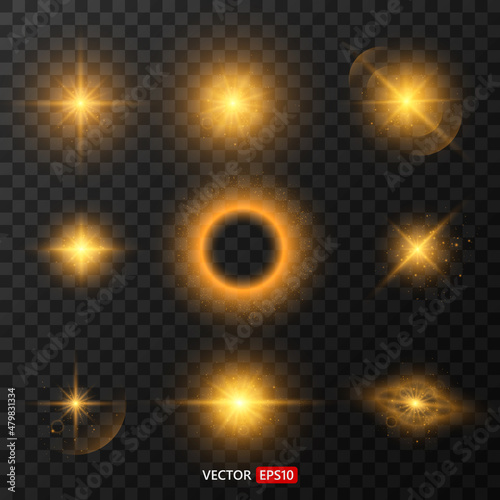 Shining star, the sun particles and sparks with a highlight effect, color bokeh lights glitter and sequins. On transparent background. Set. Vector, EPS10