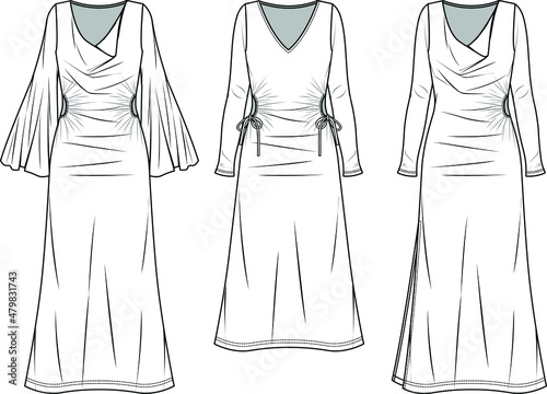 Vector woman winter dress with cutouts and long sleeves fashion CAD, midi dress with boat neck technical drawing, template, flat, sketch.Jersey or woven fabric dress with front, back view, white color