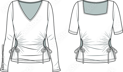 Vector woman t-shirt with cutouts and long sleeves fashion CAD, blouse with square and v-neck technical drawing, template, flat, sketch. Jersey or woven fabric top with front, back view, white color