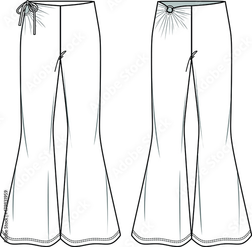 Vector flare pants for ladies fashion CAD, sketch template, woman trousers technical drawing, trendy leggings flat, mock up. Jersey or woven fabric pants, from and back view, white color