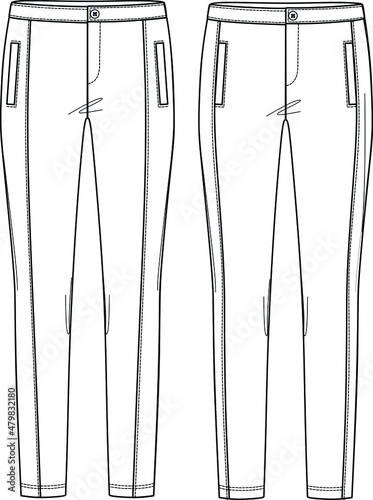Vector tailored trousers fashion CAD, woman pants with pockets and belt technical drawing, template, sketch, flat