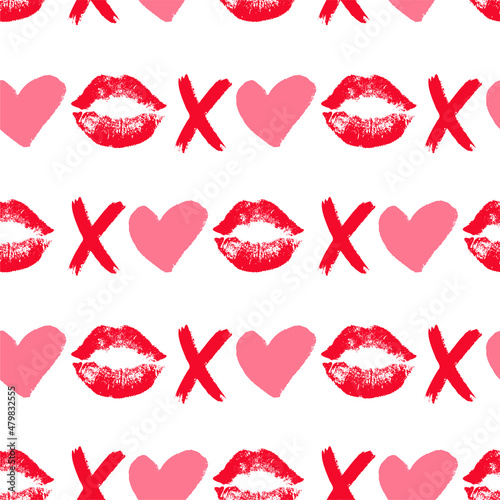 Seamless pattern lips print and XOXO written with red lipstick and hearts. Valentines day background. XO and lipstick kiss. Hugs and kisses brush stroke. Vector fashion, beauty and glamour concept.