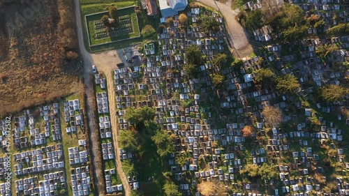 Aerial drone view of cemetery and graves. Graveyar photo