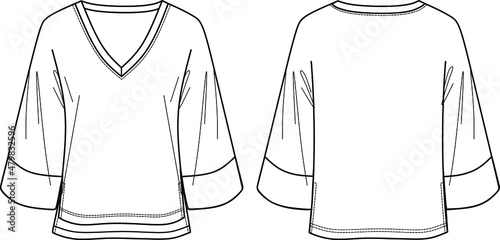 Vector v neck loose fit t shirt fashion CAD, woman long bell sleeved top with side slits technical drawing, template, sketch, flat. Jersey or woven fabric blouse with front, back view, white color
