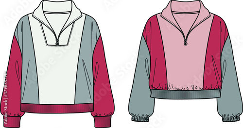 Vector unisex sweatshirt fashion CAD, woman sweatshirt with rib and zip details technical drawing, template, flat, sketch.Fleece, jersey  or woven fabric sweatshirt with front, back view, white color