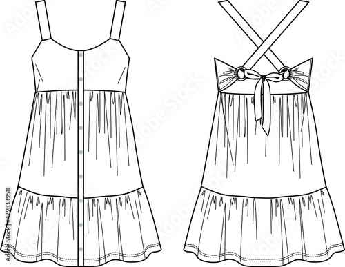 Voluminous mini dress, tired dress with frills vector sketch, flared dress fashion CAD, technical drawing, flat, mock up, template. Jersey or woven fabric dress with front, back view, white color