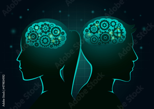 Silhouette brains of Man and woman have gears inside. Illustration about any brain work and Artificial Intelligence.